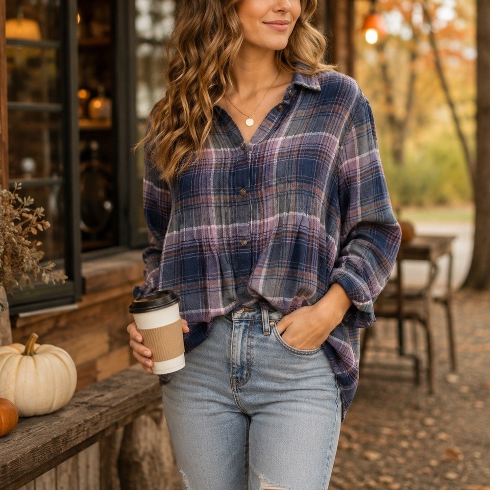American Eagle Plaid Flannel Popover Shirt Small Pink Blue Long Sleeve‎ Heritage